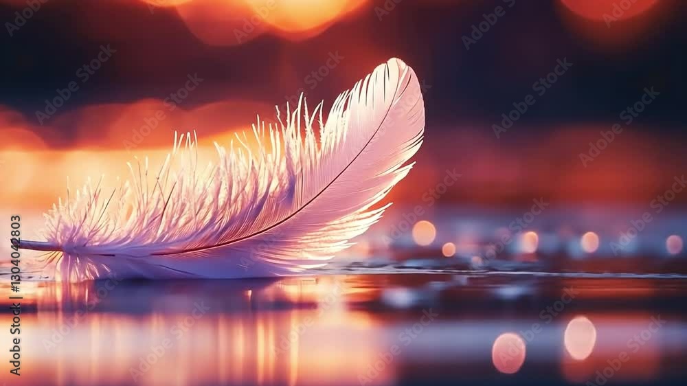 Poster weightless serenity: a single, delicate feather floats effortlessly, illuminated by soft, warm bokeh