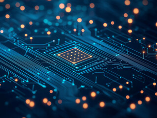 Fototapeta premium digital circuit board with glowing elements and intricate patterns, showcasing technology and innovation