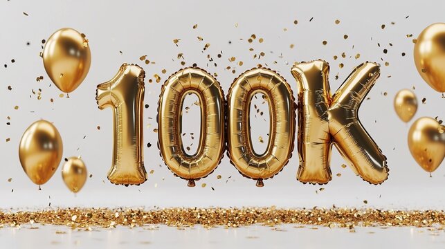 Golden Balloons Celebrating 100k Milestone with Confetti on White Background
