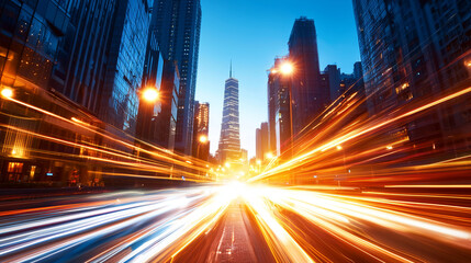 Fototapeta premium Futuristic city with vibrant lights and dynamic motion at dusk, showcasing modern architecture and urban life