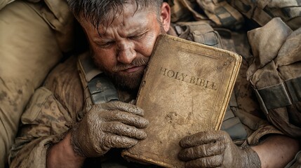 Soldier in trenches with Bible