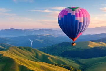 Obraz premium A hot air balloon floating past a wind turbine farm at sunrise, creating a peaceful and scenic view