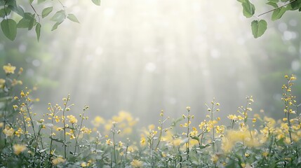 Yellow Wildflowers In Sunlit Forest Meadow
