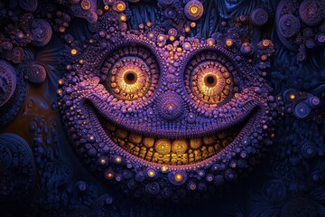 A smiling fractal face with glowing eyes and intricate detail
