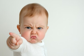 portrait of a little boy,A baby is angry and pointing at the camera, isolated on a white background.