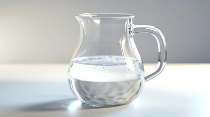 A professional 3D render of a transparent glass pitcher filled with distilled water