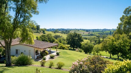 Fototapeta premium Hillside house, scenic valley view, summer