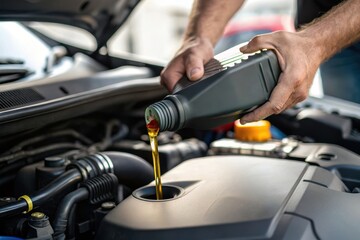 Pouring Engine Oil into Car Engine in a Garage Setting