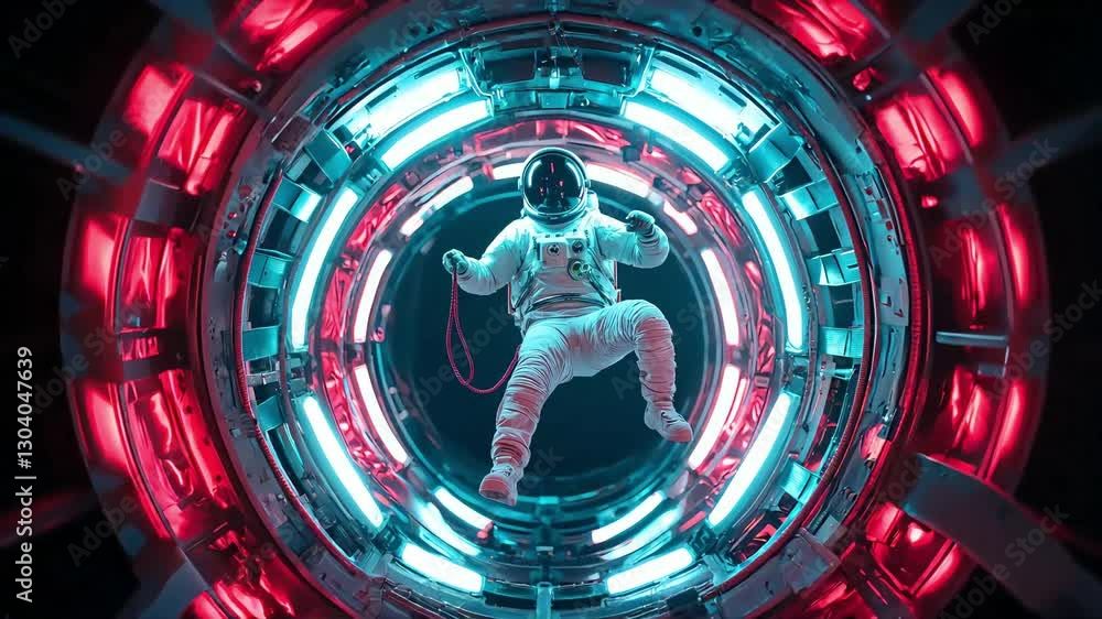 Poster astronaut floats in futuristic tunnel of neon blue and red lights, creating captivating sci fi atmos