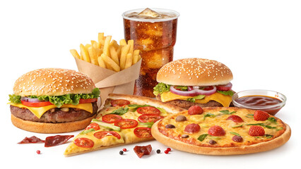 A colorful assortment of fast food, including burgers, fries, pizza, and soda, isolated on a white background.