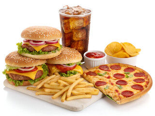 A colorful assortment of fast food, including burgers, fries, pizza, and soda, isolated on a white background.