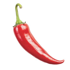 A bright red chili pepper with a curved shape and green stem, showcasing its glossy texture and vibrant color, Transparent background.