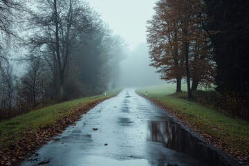 Foggy countryside road in the rain