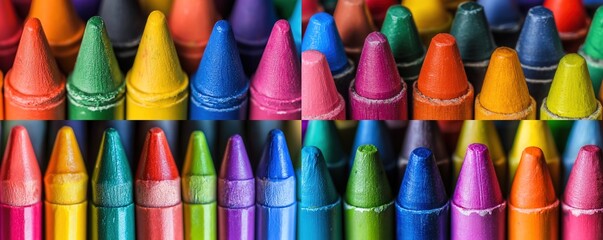 Colorful crayons close-up shot, arranged in rows.