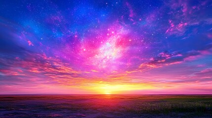 Fototapeta premium Vibrant Pink Purple Sunset Sky with Stars and Galaxy Landscape