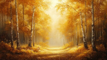 Autumn birch forest path, golden sunlight, tranquil scene, perfect for wallpaper
