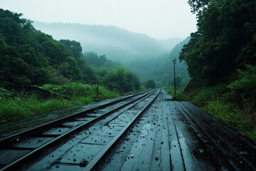Fototapeta premium Train tracks disappearing into a misty rainy landscape