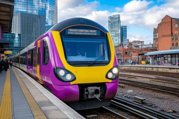 Naklejka premium A modern, well-maintained train arriving on time at a bustling station