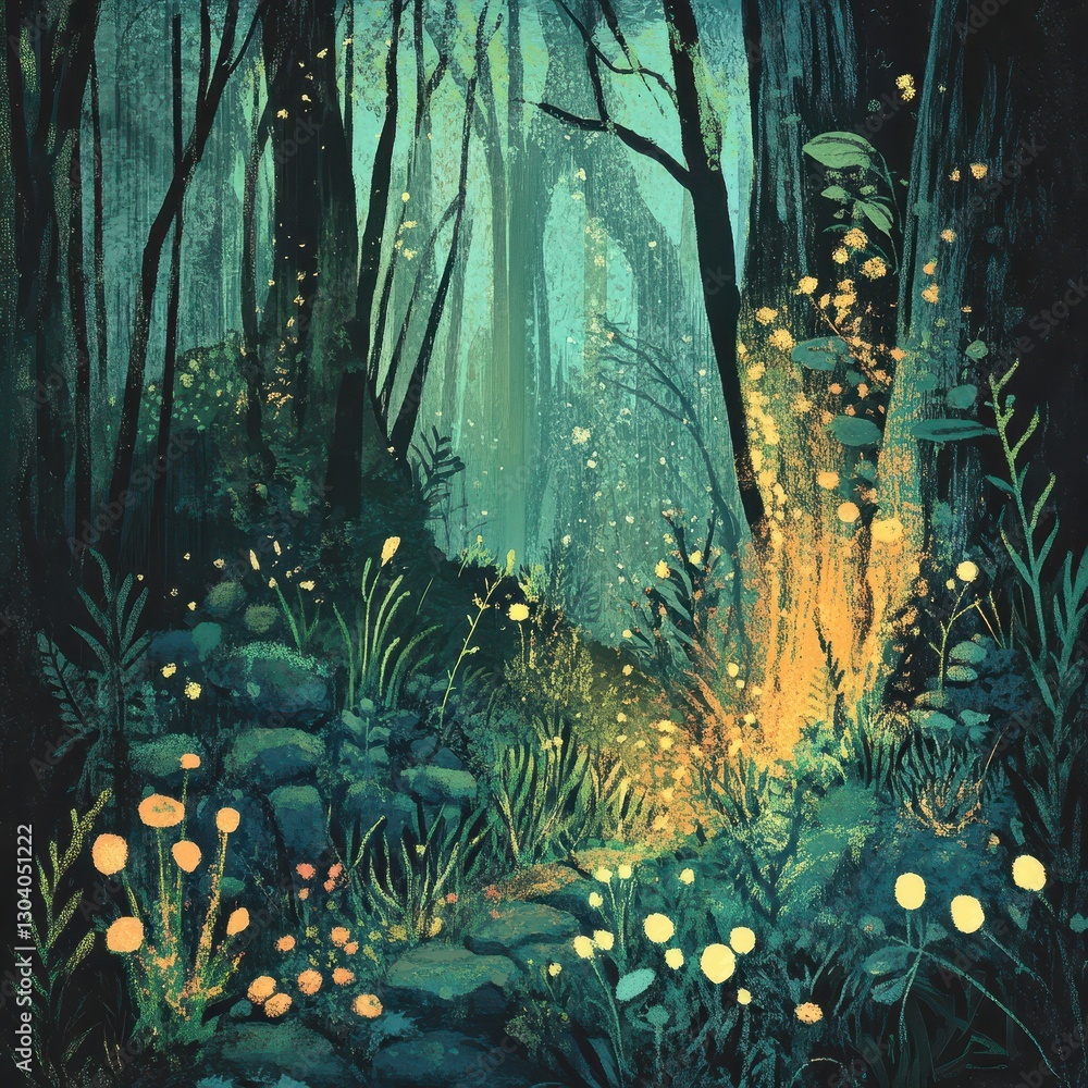 Poster a luminous forest path with vibrant vegetation and trees in the shadows