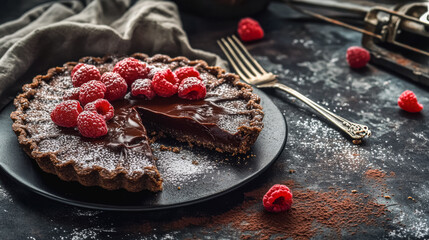 Decadent chocolate tart with glossy ganache and fresh raspberry topping for dessert presentation