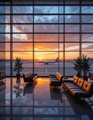 Fototapeta premium Airport Terminal At Sunset. Modern Design. Interior View. Warm Sky Reflects On Floor. Sleek Seating. Airplane On Tarmac. Travel And Exploration Await.