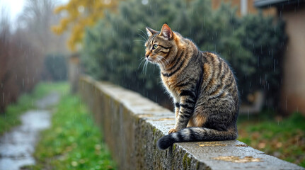 A tabby cat sits on a concrete fence in a rainy melancholic romantic scene in early spring with a blurred background of greenery and trees.