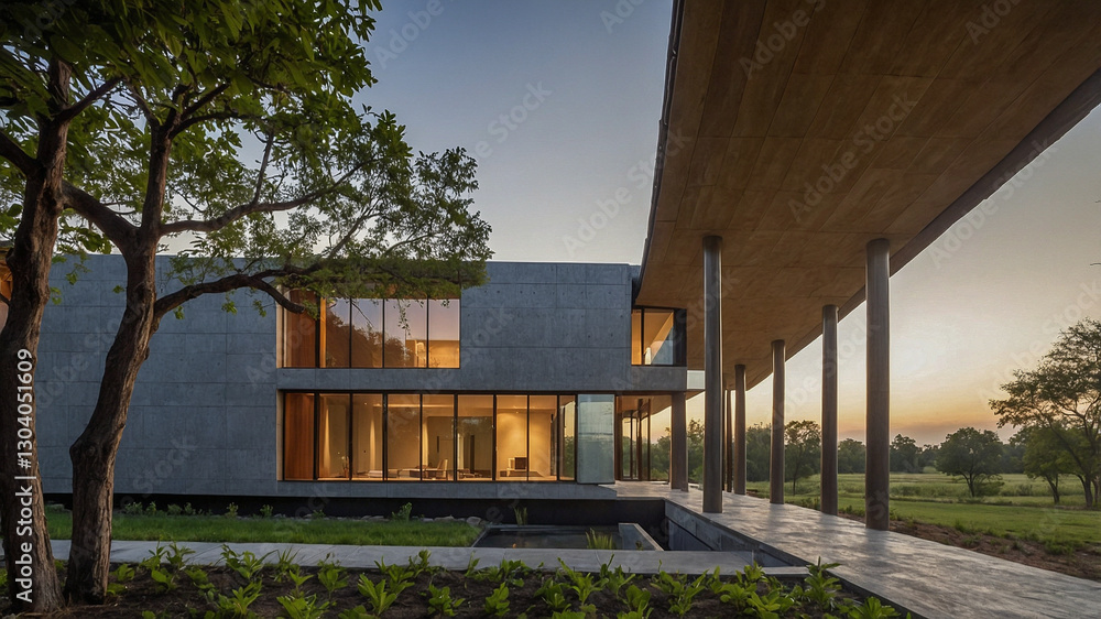 Poster modern concrete house with open architecture and nature views