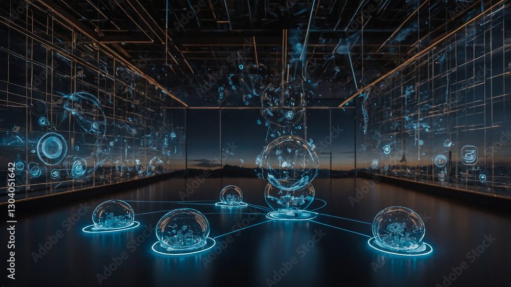 Poster immersive holographic interface with digital spheres and data visualization