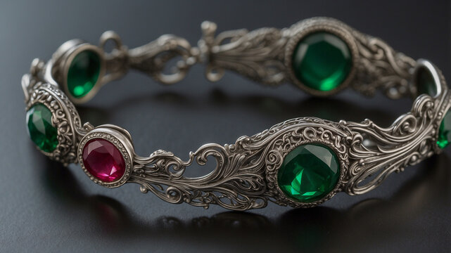 Vintage Silver Bracelet with Emerald and Ruby Stones
