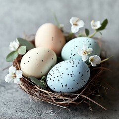 Obraz premium Beautiful eggs in a natural nest with flowers.