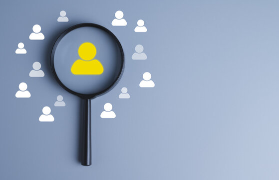 Recruitment and Hiring, HR, Select a Competent Leader, Magnifying glass with person icon on grey background. Human resource concept