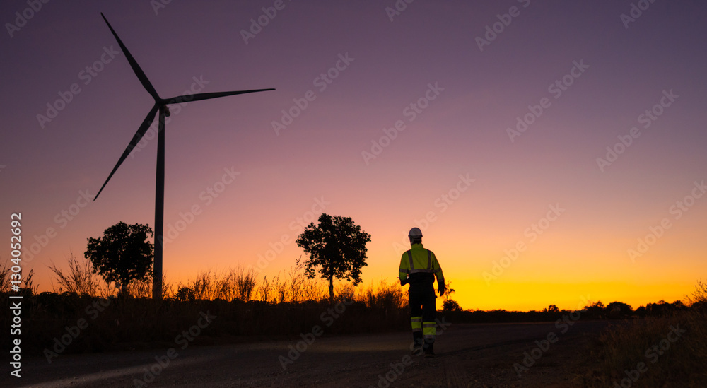 Poster engineer man working with tablet at windmill farm generating electricity clean energy. wind turbine 