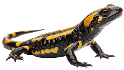 Left side view a fire salamander. Its bold black skin contrasts sharply with vibrant yellow markings isolated on white background. Suitable for marketing or business purposes. PNG file