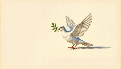 White dove holding olive branch against light background