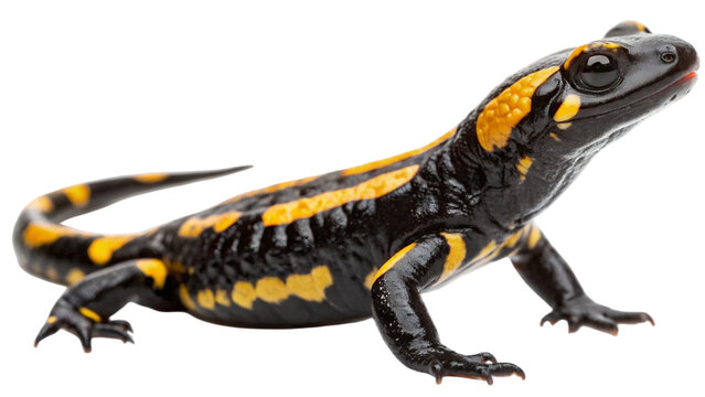 Left side view a fire salamander. Its bold black skin contrasts sharply with vibrant yellow markings isolated on white background. Suitable for marketing or business purposes. PNG file