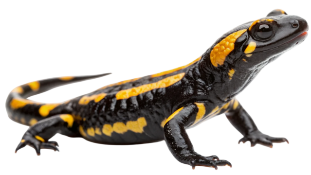Left side view a fire salamander. Its bold black skin contrasts sharply with vibrant yellow markings isolated on white background. Suitable for marketing or business purposes. PNG file