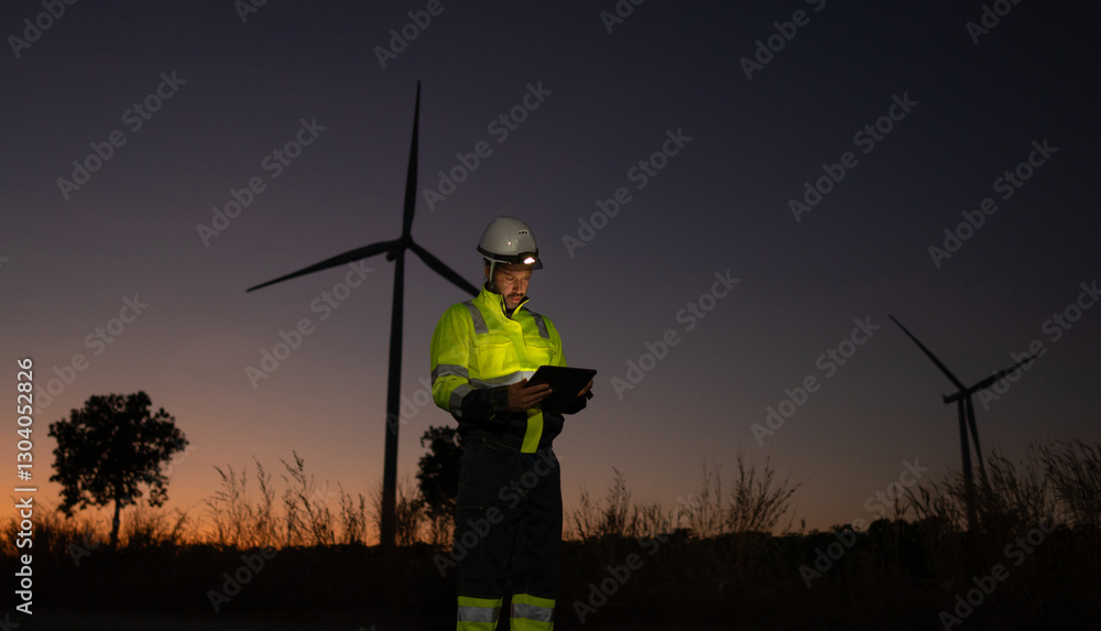 Aufkleber Engineer man working with tablet at windmill farm Generating electricity clean energy. Wind turbine farm generator by alternative green energy.