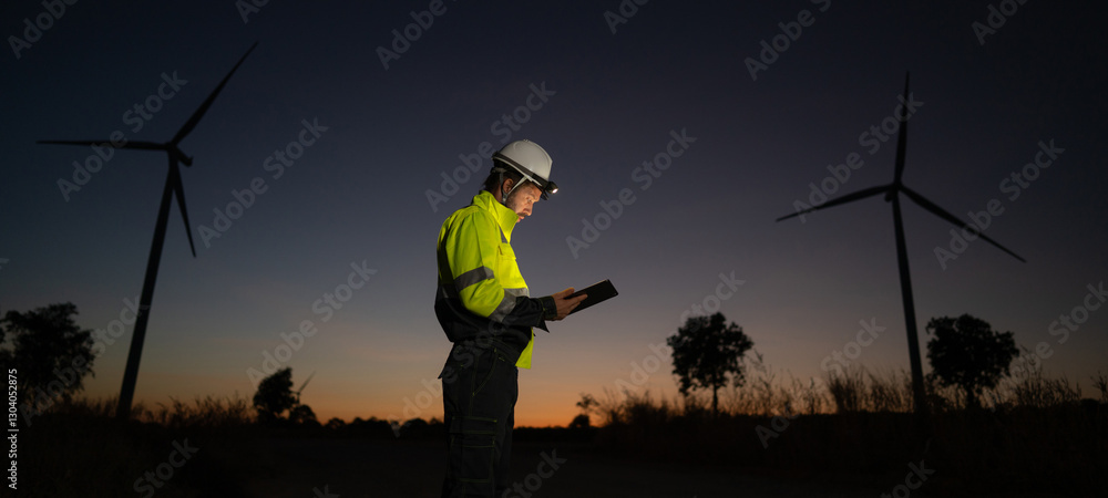 Poster engineer man working with tablet at windmill farm generating electricity clean energy. wind turbine 