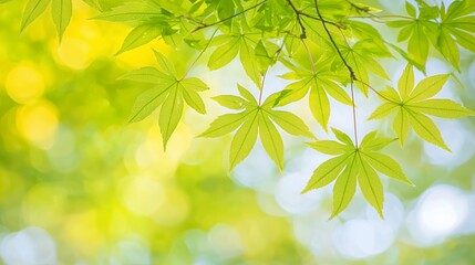 Obraz premium Bright Green Maple Leaves and Soft Bokeh Background
