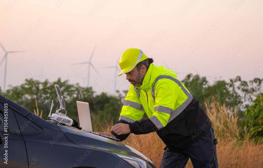 Aufkleber Engineer working on laptop in front of wind turbines for checking wind turbines of the field during beautiful sunset. Alternative energy concept.