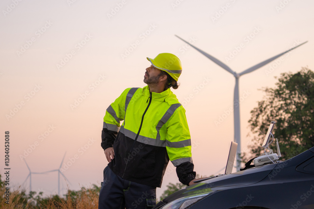 Poster Engineer working on laptop in front of wind turbines for checking wind turbines of the field during beautiful sunset. Alternative energy concept.
