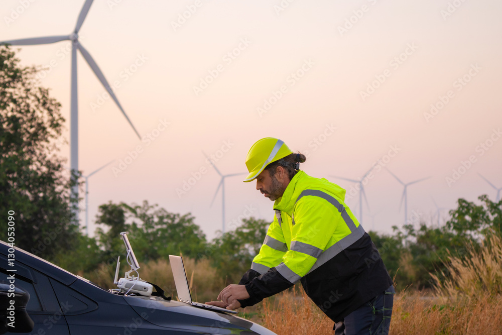 Aufkleber Engineer working on laptop in front of wind turbines for checking wind turbines of the field during beautiful sunset. Alternative energy concept.