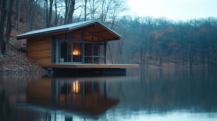 Fototapeta premium Lakeside cabin, autumn woods, firelit interior, peaceful retreat