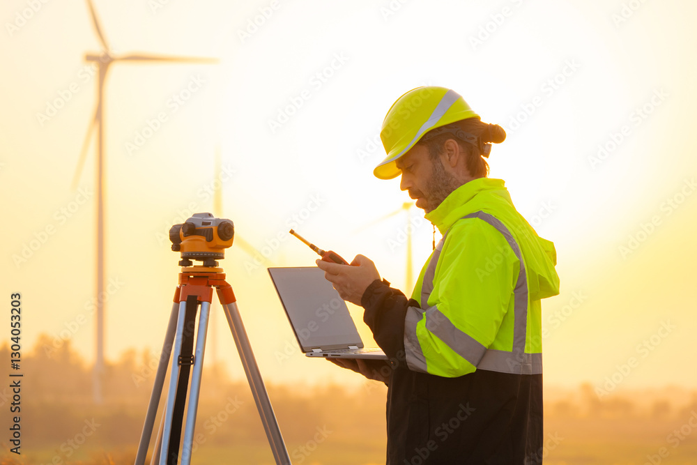Aufkleber Engineer working on laptop in front of wind turbines for checking wind turbines of the field during beautiful sunset. Alternative energy concept.