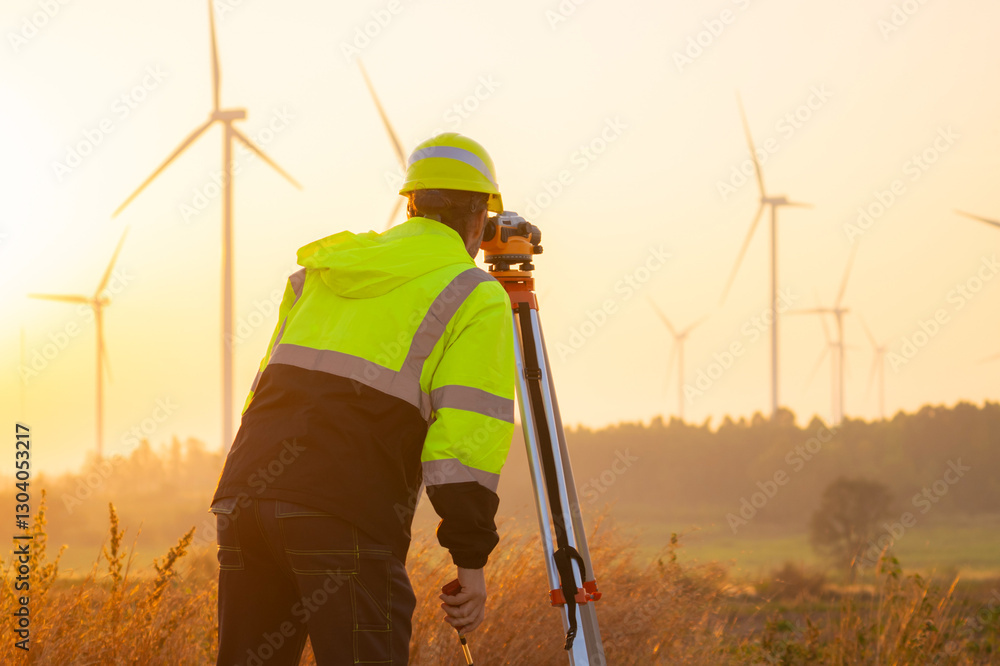 Poster engineer man working with tablet at windmill farm generating electricity clean energy. wind turbine 