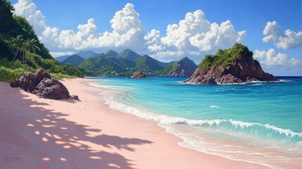 Obraz premium Pink sand beach, tropical island, turquoise ocean, mountain backdrop, travel postcard