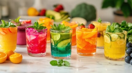 Colorful fruit infused water drinks, kitchen background, healthy lifestyle