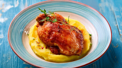 Fototapeta premium Roasted Chicken Over Meshed Potatoes