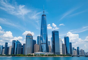 Obraz premium Gleaming Skyscraper Azure Skies. Cityscape Reflecting Waters. Modern Building Design. Urban Center Scene. Tranquil Waterscape. Architecture Against Blue Sky. Daylight Shimmering.