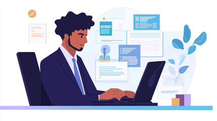 Fototapeta premium Businessman working on a laptop in an office environment with technology and communication symbols